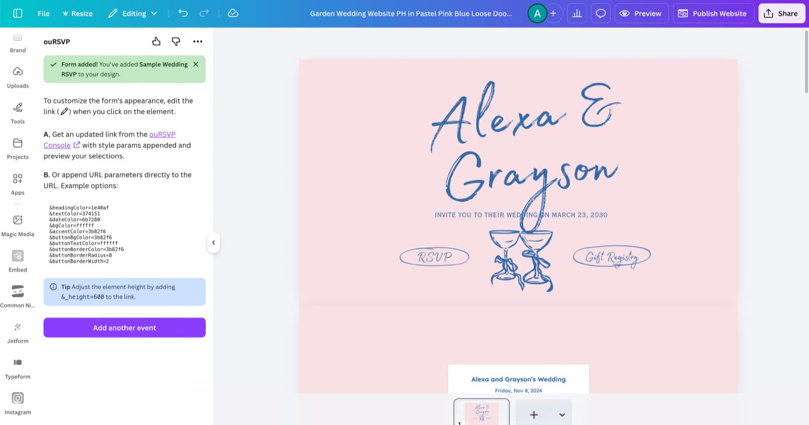 ouRSVP form embedded on a Canva wedding website